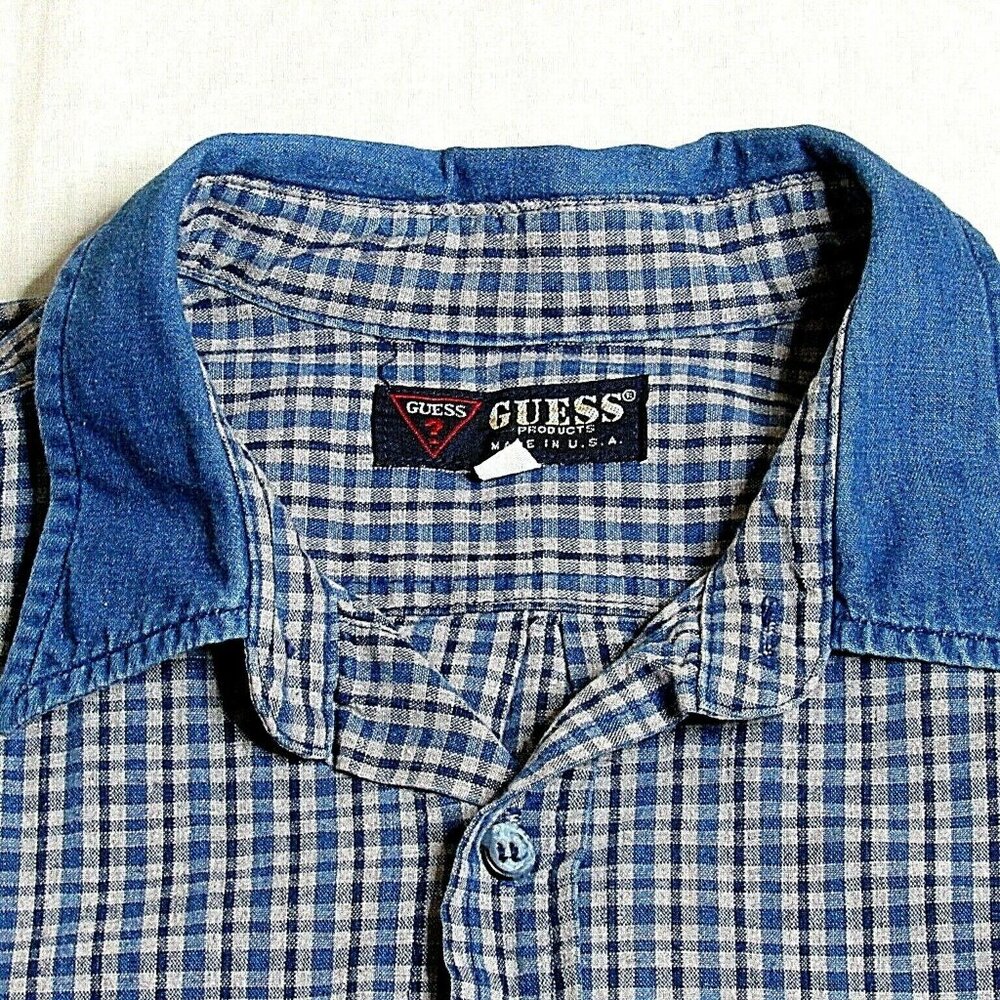 Vintage Plaid Elbow Patch Shirt Button Blue Long Sleeve Large Marciano Guess - Picture 2 of 9